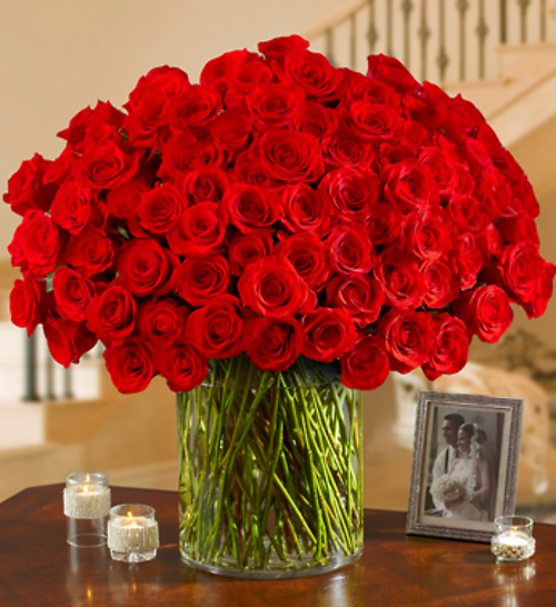 100 Premium Long Stem Red Roses in a Vase