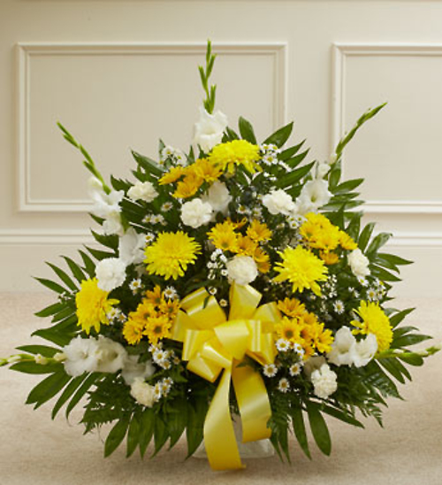Heartfelt Tribute Yellow & White Floor Basket Arrangement